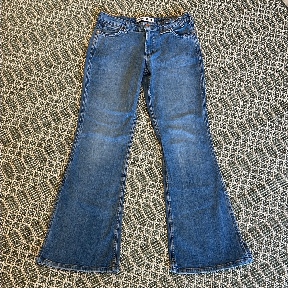 Wrangler x STAUD 70s Western Revival Split Hem Mid Rise Flare Jeans Denim Sz 28